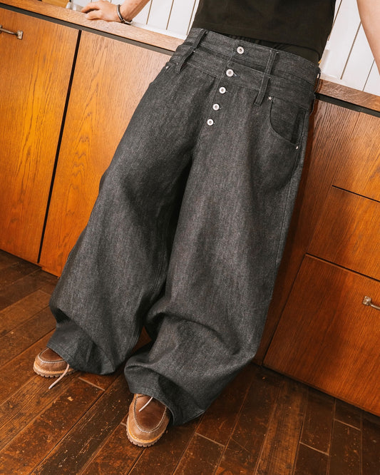 Rigid Double Belt Baggy Denim