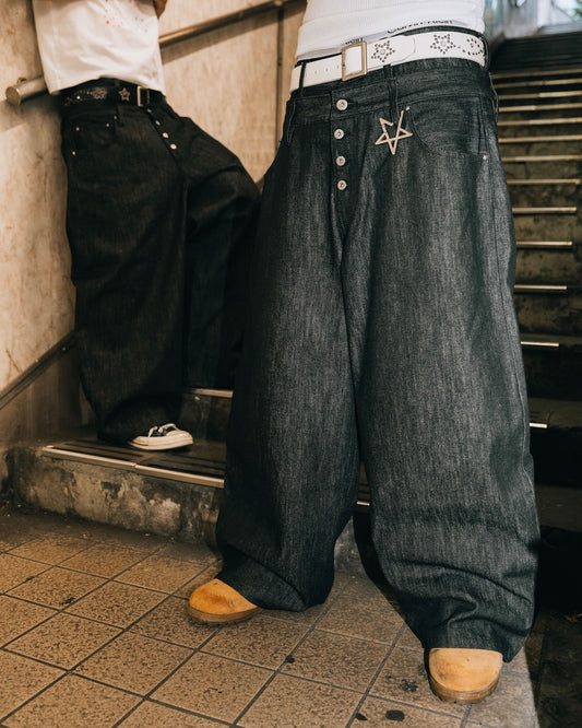 Rigid Double Belt Baggy Denim