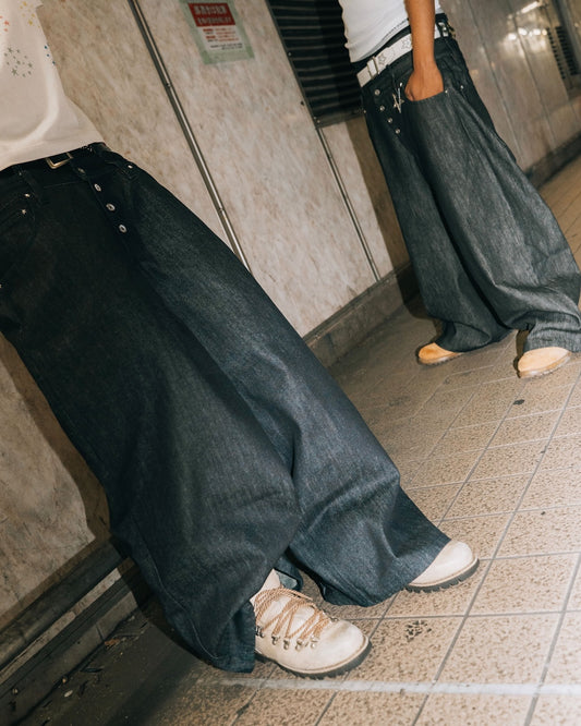 Rigid Double Belt Baggy Denim